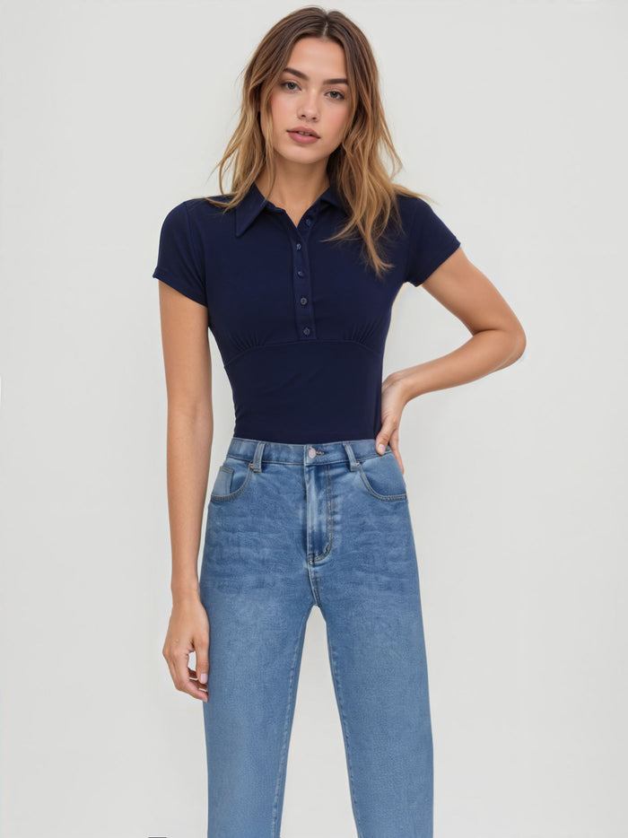 Navy Blue Collared Button-Down Fitted Top for Women