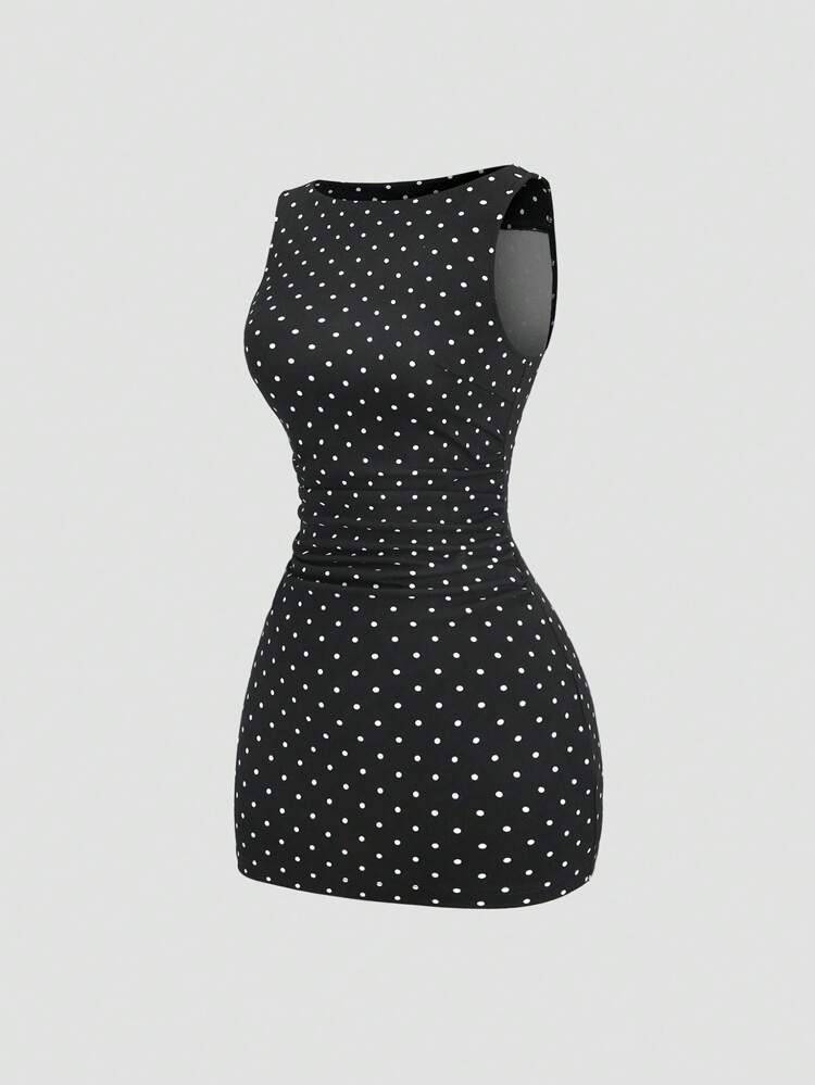 Women Black Polka Dot Sleeveless Bodycon Dress