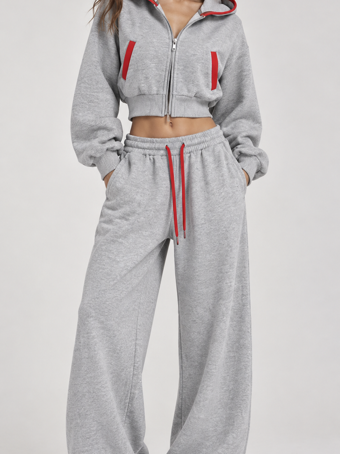 Heather Grey Cropped Zip-Up Hoodie & Wide-Leg Jogger Set