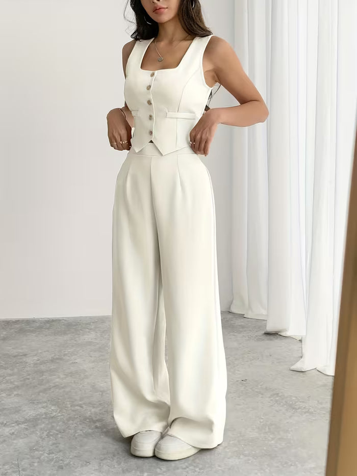 Women's White Tailored Vest Top & Wide-Leg Trouser Co-Ord Set