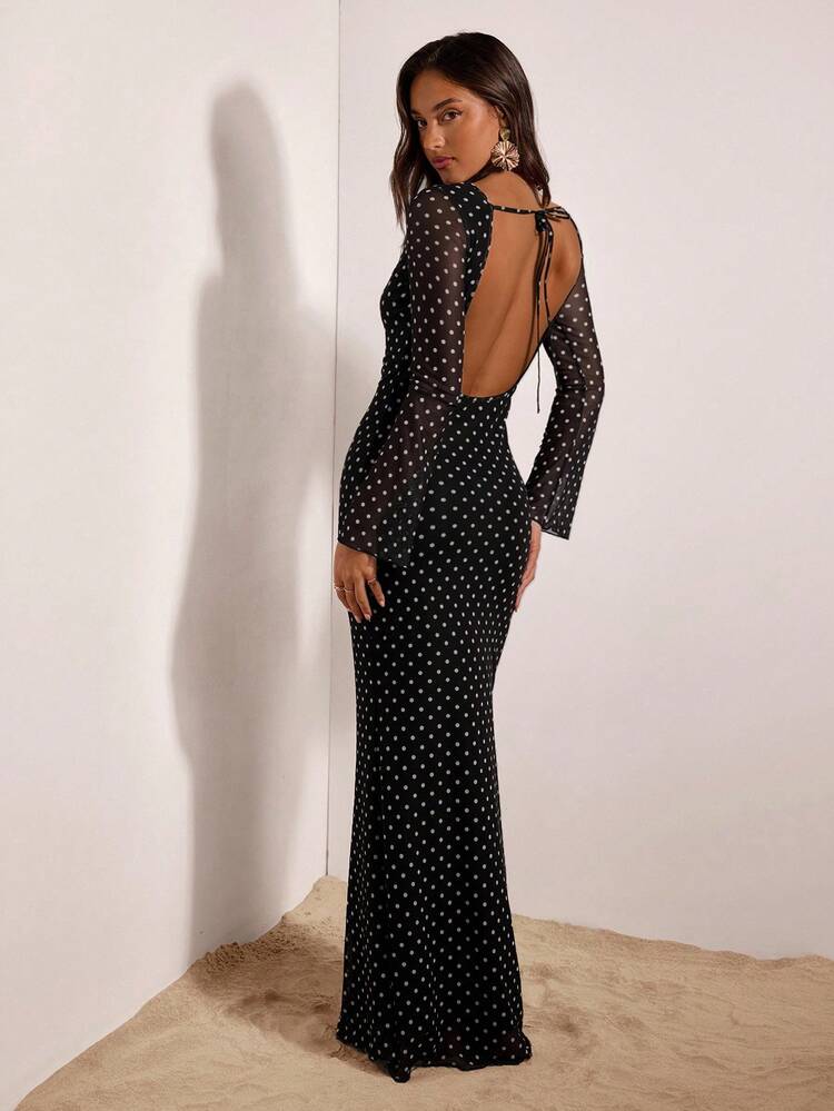 Women Black Polka Dot Backless Long Sleeve Maxi Dress