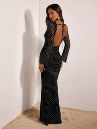 Women Black Polka Dot Backless Long Sleeve Maxi Dress
