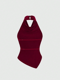 Wine Velvet Drape Halter Top with Asymmetrical Hem