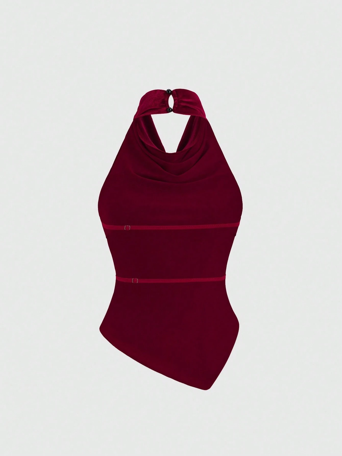 Wine Velvet Drape Halter Top with Asymmetrical Hem