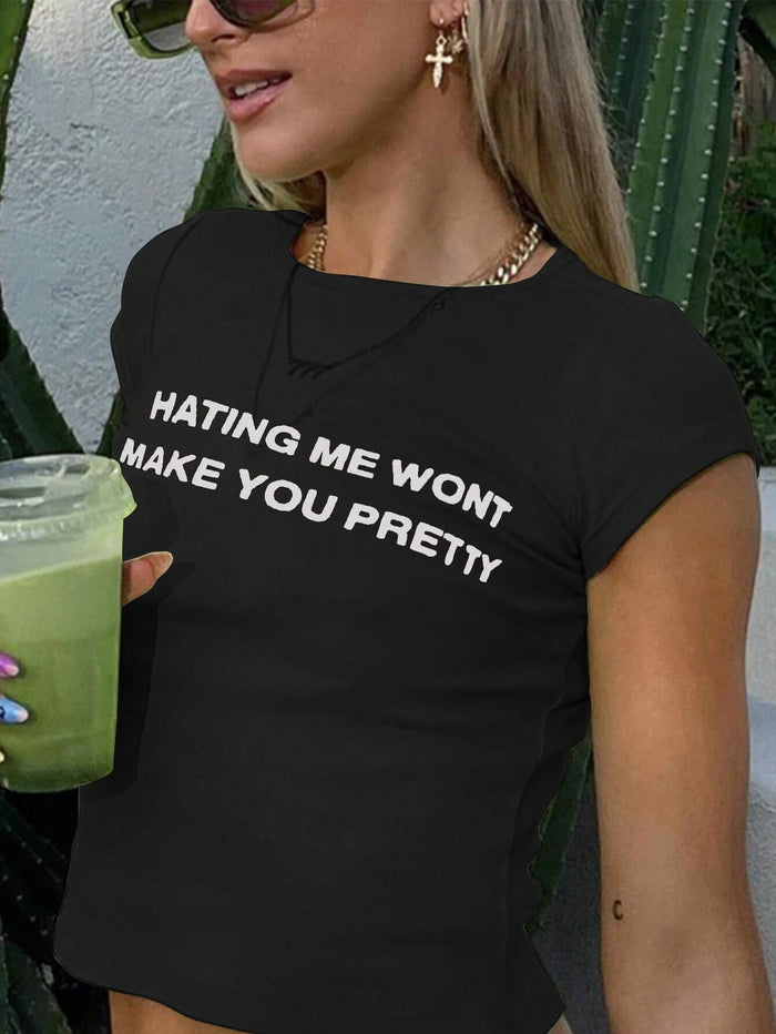 Black "Hating Me Won't Make You Pretty" Printed Crop Top for Women