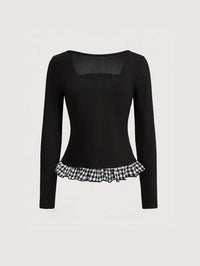 Black Ribbed Coquette Top with Gingham Ruffle Hem & Bow