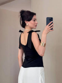 Black Sleeveless Bow Tie Shoulder Tank Top