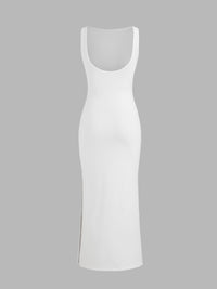 Boat Neck Solid Ruched Split Maxi Dress