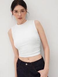 Pack Of 2: Round Neck Solid Ruched Crop Tank Top