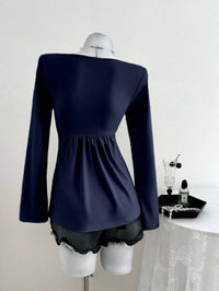 Navy Blue Sweetheart Neck Ruched Top with Flare Sleeves