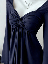 Navy Blue Sweetheart Neck Ruched Top with Flare Sleeves