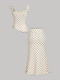 Women Cream Polka Dot Top & Skirt Co-Ord Set with Tie-Up Detail