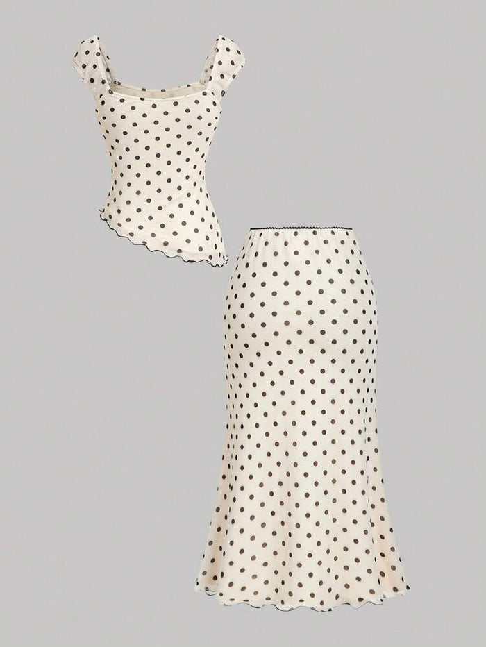 Women Cream Polka Dot Top & Skirt Co-Ord Set with Tie-Up Detail