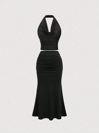Women's Black Halter Neck Top & Ruched Mermaid Skirt Co-Ord Set