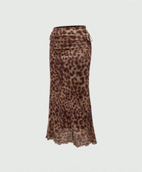 Leopard Print Ruched Mesh Maxi Skirt