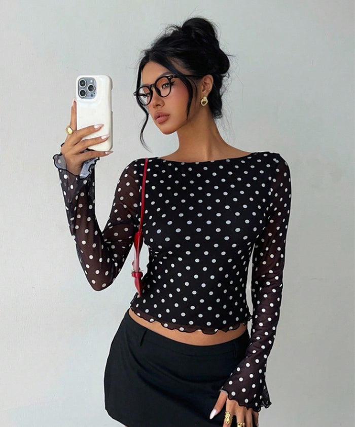 Vintage-Inspired Polka Dot Open-Back Mesh Crop Top