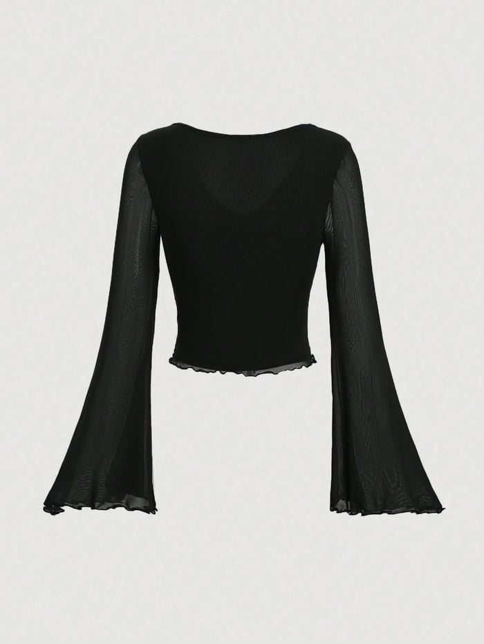 Noir Tie-Front Sheer Sleeve Crop Top