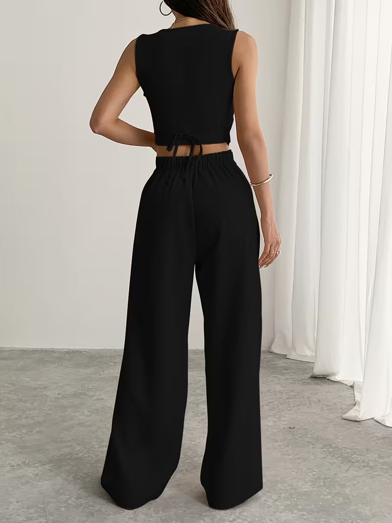 Women's Black Button-Front Sleeveless Wide-Leg Jumpsuit