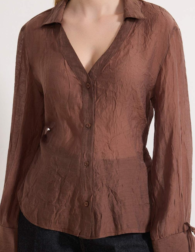 Mocha Sheer Button-Down Top