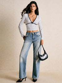 Women White Polka Dot Deep V-Neck Long Sleeve Crop Top