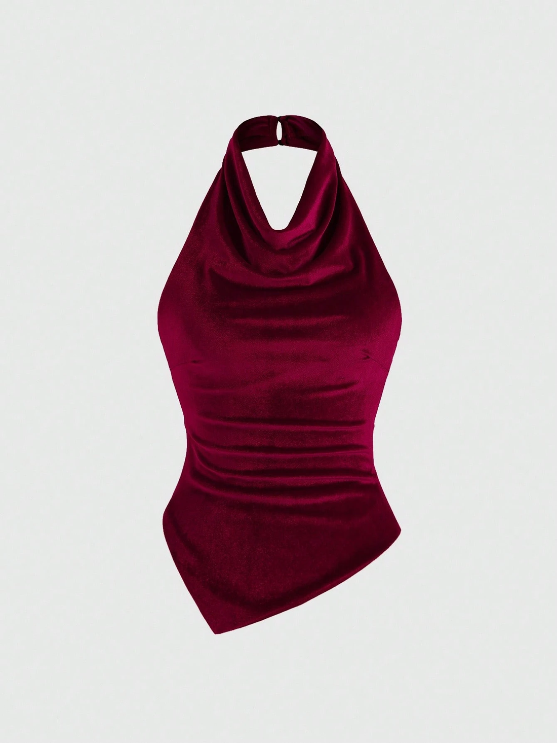 Wine Velvet Drape Halter Top with Asymmetrical Hem