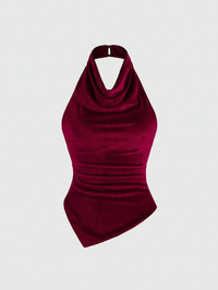 Wine Velvet Drape Halter Top with Asymmetrical Hem