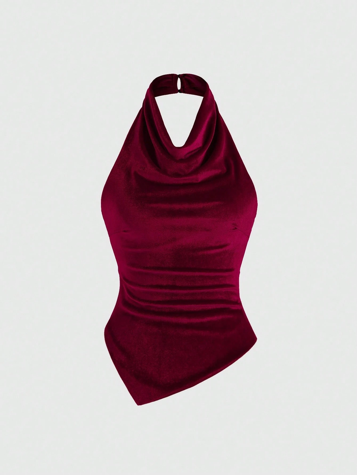 Wine Velvet Drape Halter Top with Asymmetrical Hem