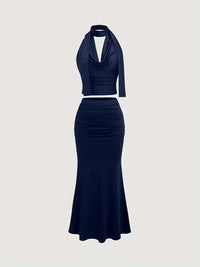 Women's Navy Blue Halter Neck Top & Ruched Mermaid Skirt Co-Ord Set
