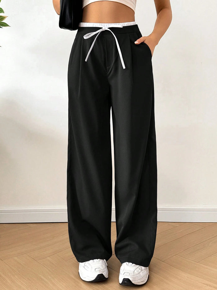 Black Wide-Leg Pants with Contrast White Drawstring Waist