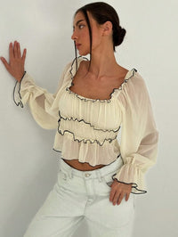 Long Puff Sleeve Contrast Trim Layered Split Hem Blouse