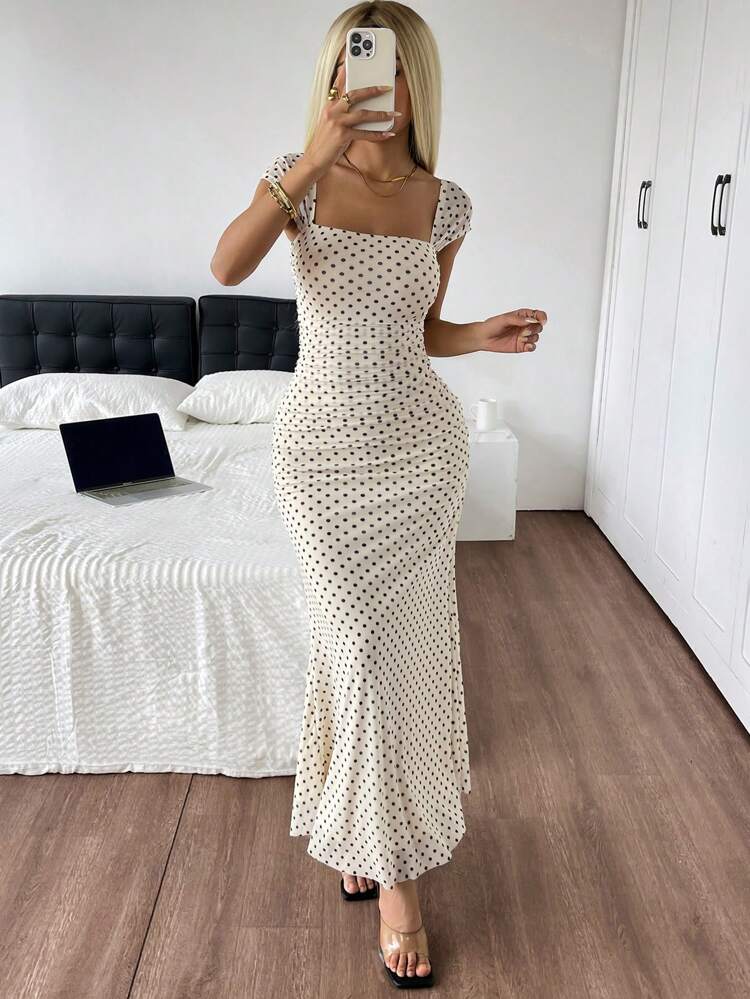 Women Cream Polka Dot Square Neck Bodycon Maxi Dress