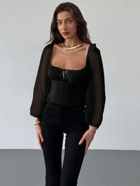 Women's Black Square Neck Sheer Bishop Sleeve Tie-Front Top