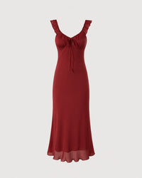Romantic Burgundy Ruffle Tie-Front Midi Dress