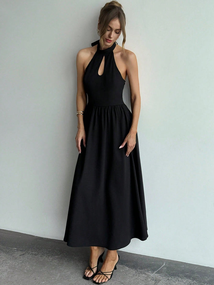 Black Halter-Neck Maxi Dress with Keyhole Neckline & Open Back