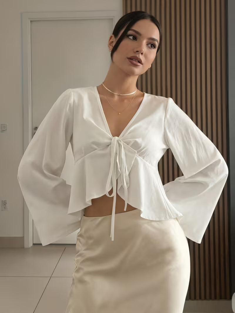 Women's White Tie-Up Front Flowy Crop Shirt