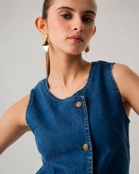Asymmetric Denim Button-Up Top