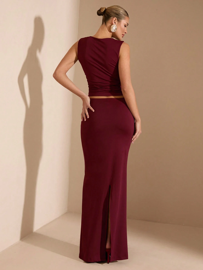 Wine Square-Neck Co-Ord Set with Maxi Skirt