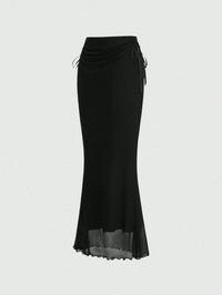 Black Ruched Waist Maxi Skirt with Sheer Hem