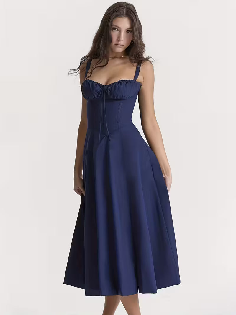 Women's Navy Blue Corset Fit & Flare Midi Dress