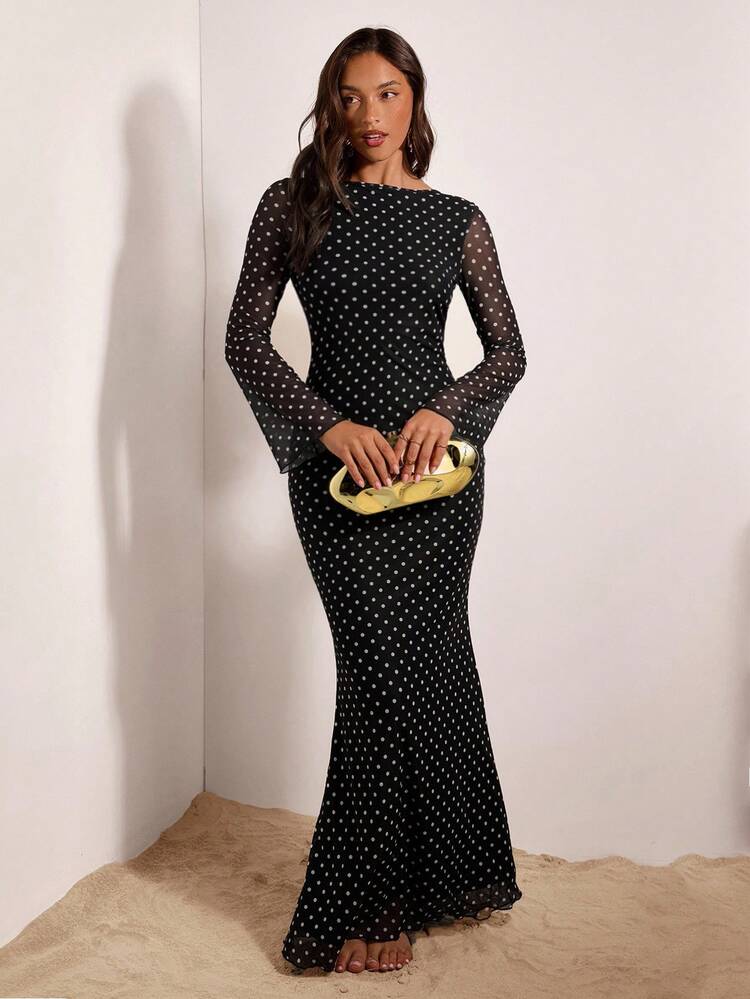 Women Black Polka Dot Backless Long Sleeve Maxi Dress