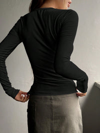 Women's Black Ribbed Button-Neck Slim-Fit Top