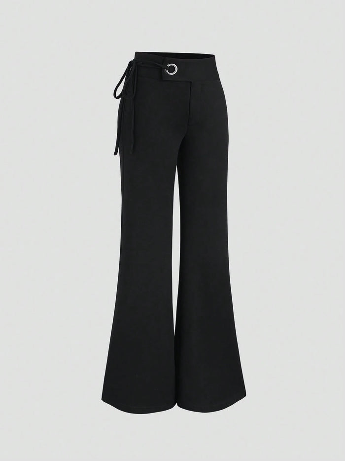 Black High-Waist Wide Leg Pants with Ring Detail