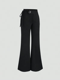 Black High-Waist Wide Leg Pants for Women with Ring Detail