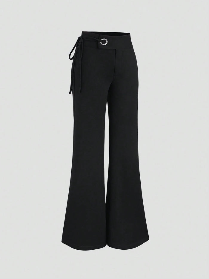 Black High-Waist Wide Leg Pants for Women with Ring Detail