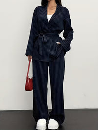 Women's Navy Pinstripe Wrap Blazer & Wide-Leg Trouser Co-Ord Set