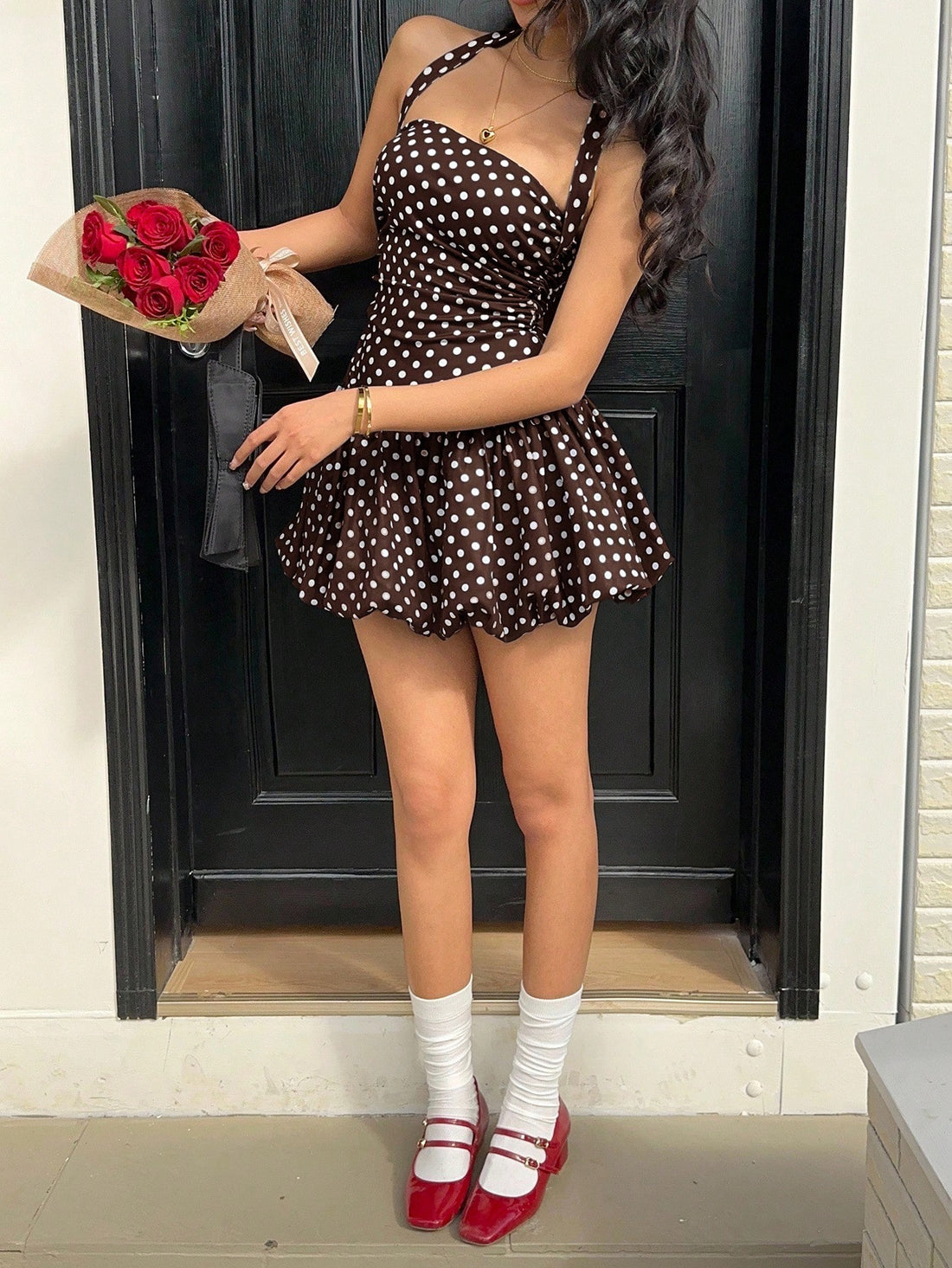 Brown Polka Dot Halter-Neck Fit & Flare Mini Dress