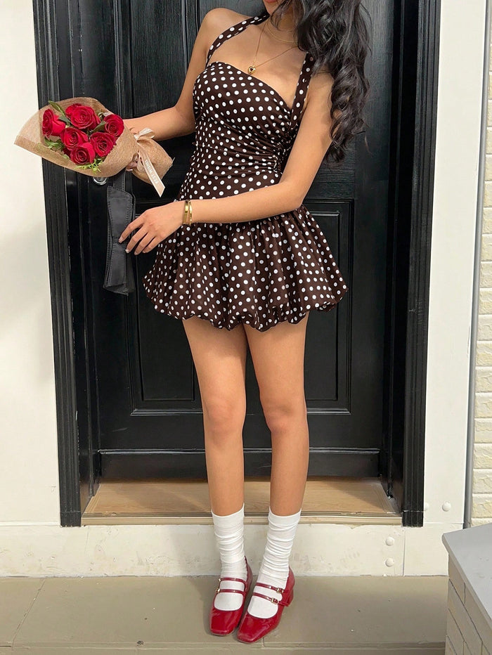Brown Polka Dot Halter-Neck Fit & Flare Mini Dress