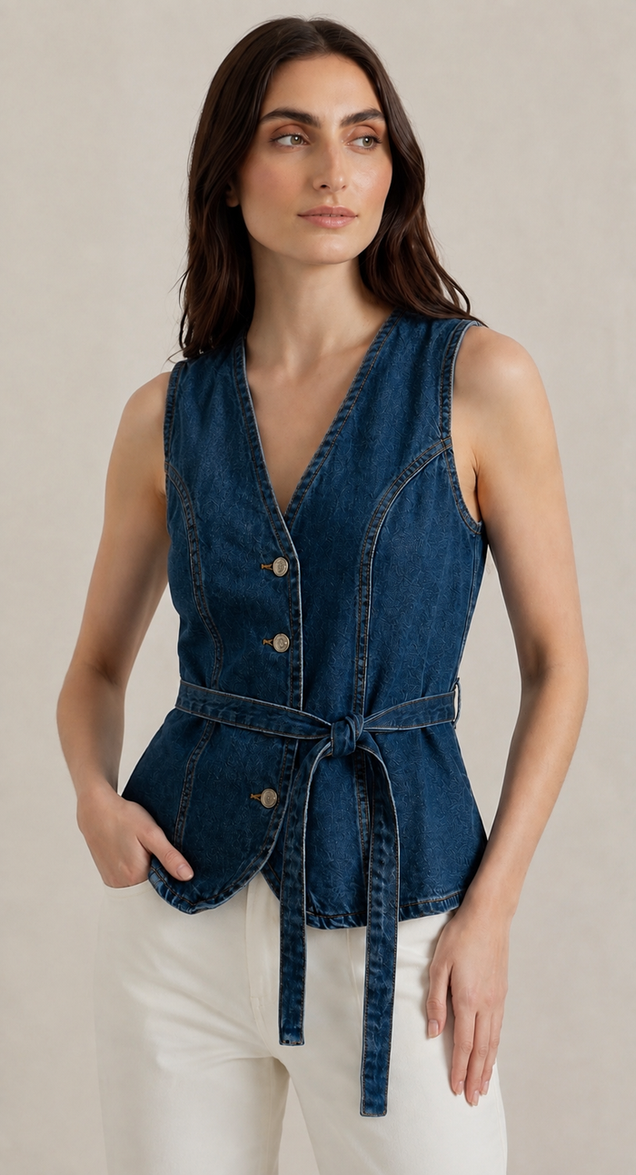 Belted Denim Waistcoat Top