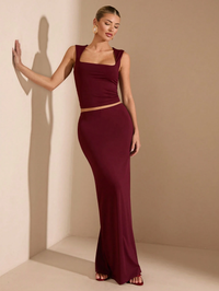 Wine Square-Neck Co-Ord Set with Maxi Skirt