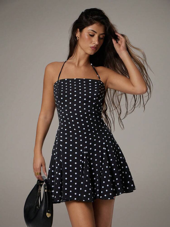 Women Black Polka Dot Halter Neck Fit & Flare Dress